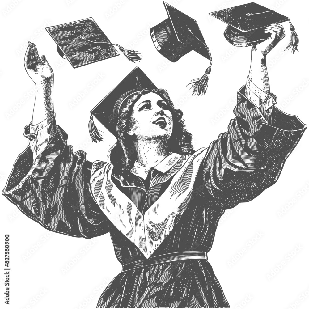 academic woman celebrating graduation with old engraving style black ...