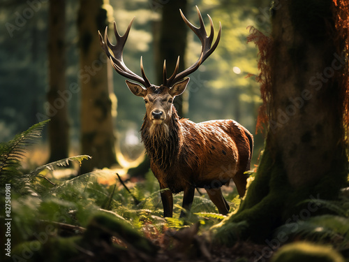 Velvet-antlered red deer moves gracefully in sunlit woods