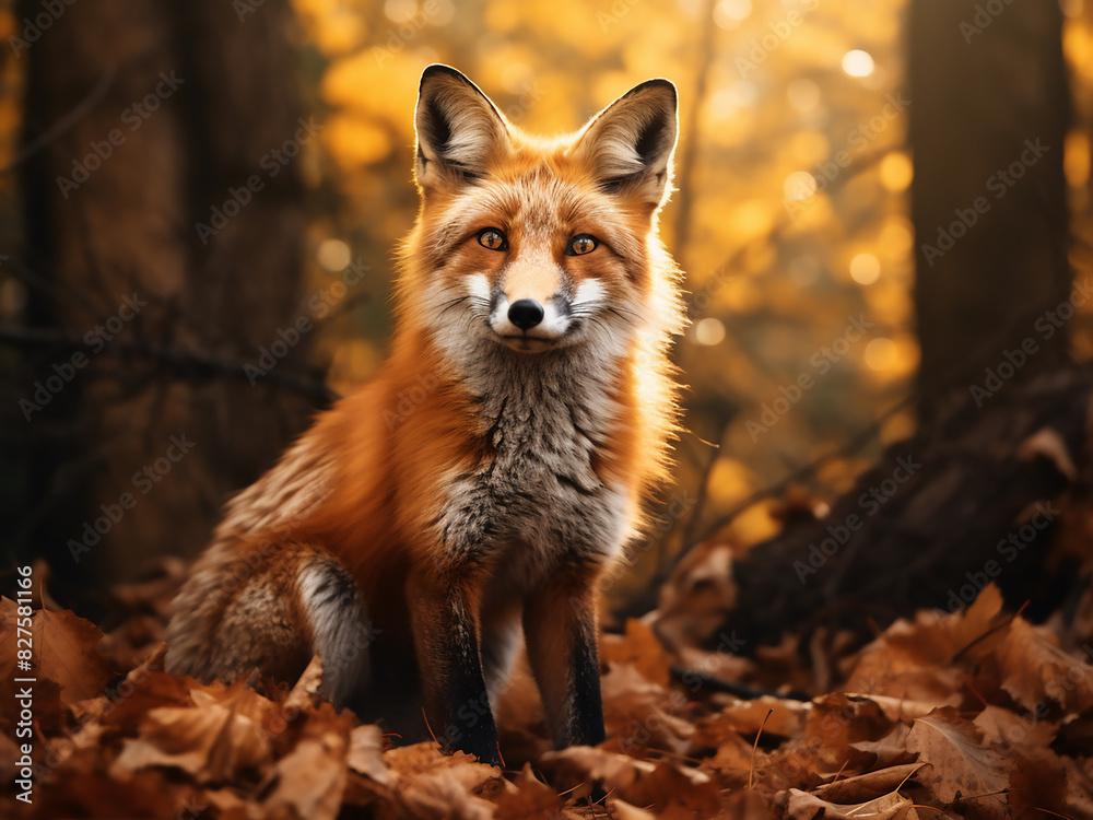 Autumnal forest provides backdrop for a red fox's presence Autumnal forest provides backdrop for a red fox's presence