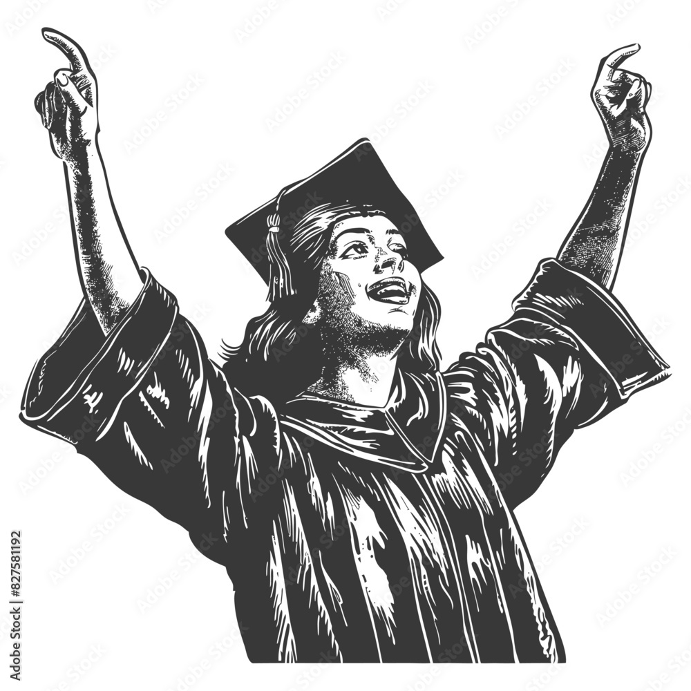 academic woman celebrating graduation with old engraving style black ...