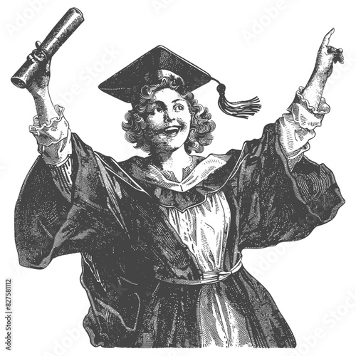 academic woman celebrating graduation with old engraving style black color only