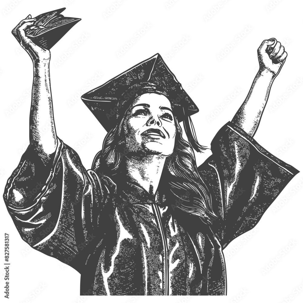 academic woman celebrating graduation with old engraving style black ...