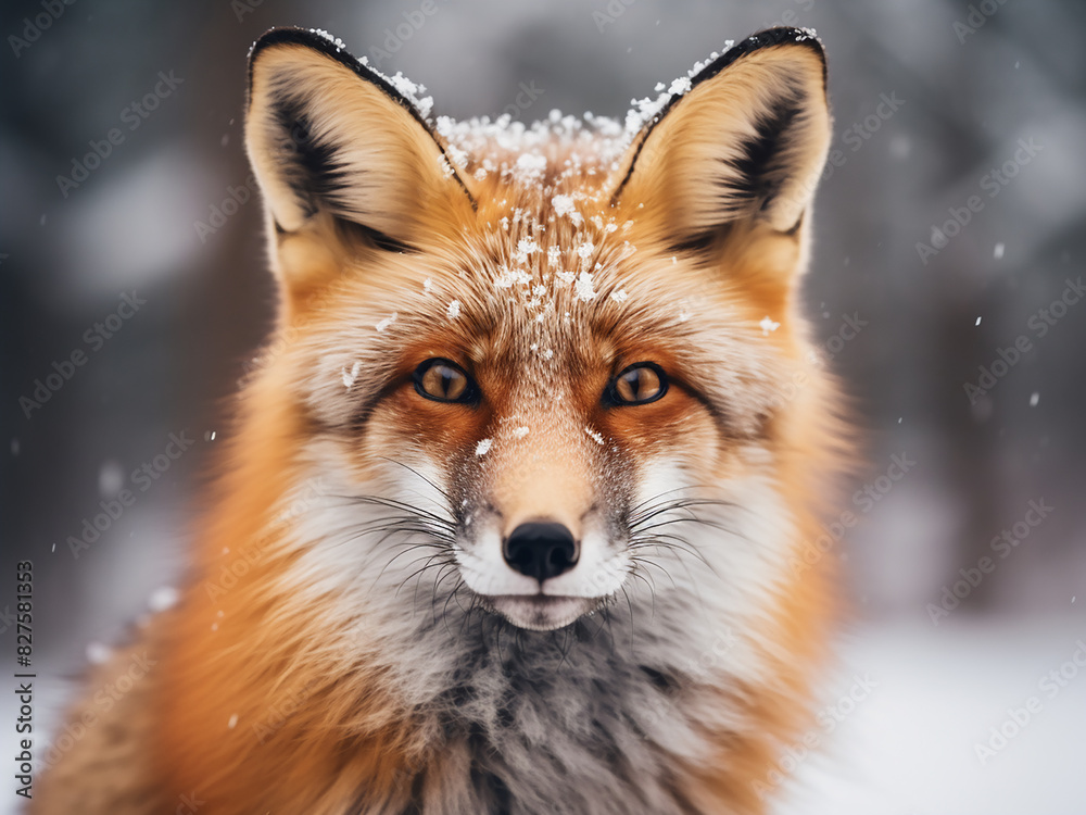 Captured in winter, the focus sharpens on a red fox's eye Captured in winter, the focus sharpens on a red fox's eye