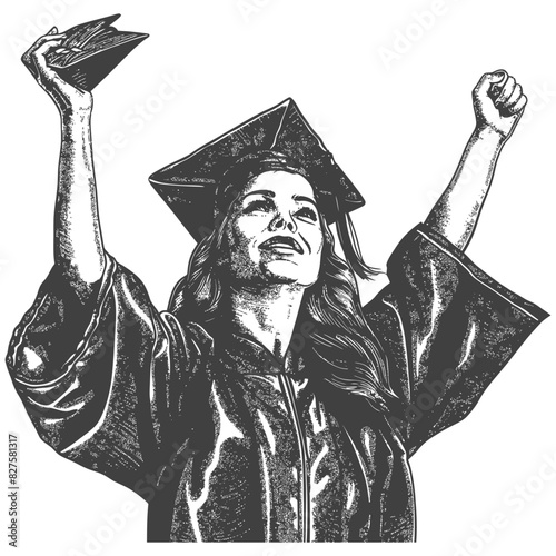 academic woman celebrating graduation with old engraving style black color only