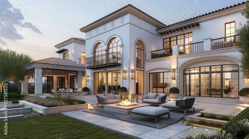 A modern spanish style villa with large windows and garden, patio area in front of the house with fire pit, terraces on sides, photorealistic, detailed, © Ammar