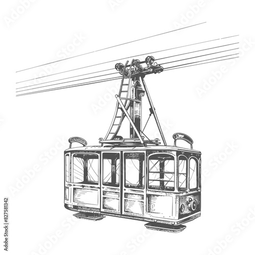 Aerial tramway with engraving style black color only