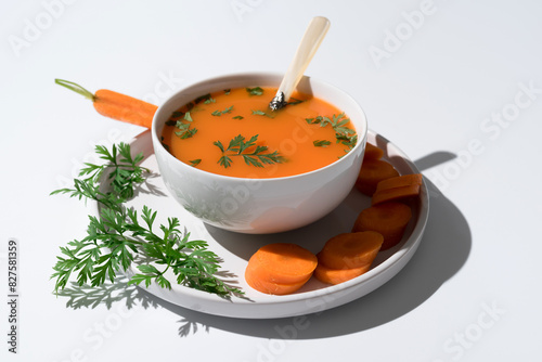 Crema de zanahoria adornada con perejil fresco y guarnición de zanahoria en un plato sobre fondo blanco 	