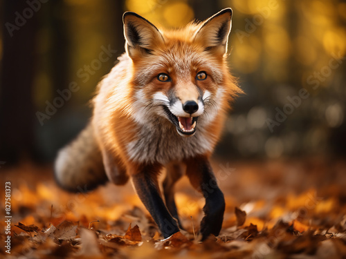A red fox gracefully traverses the autumnal woods