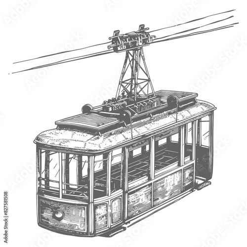 Aerial tramway with old engraving style black color only