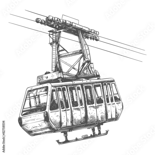 Aerial tramway with engraving style black color only