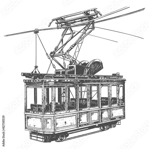 Aerial tramway with old engraving style black color only