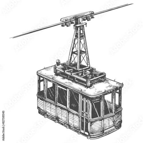 Aerial tramway with old engraving style black color only