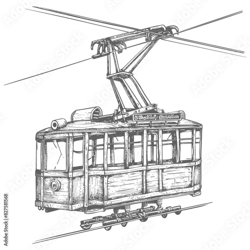 Aerial tramway with old engraving style black color only