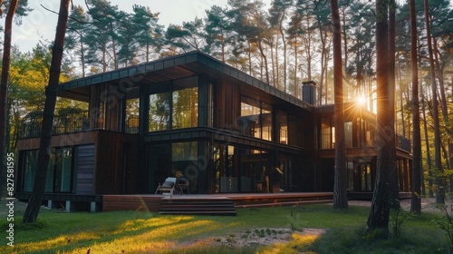 A modern wooden house in the pine forest, evening light, cinematic light, ultra realistic photography © Ammar
