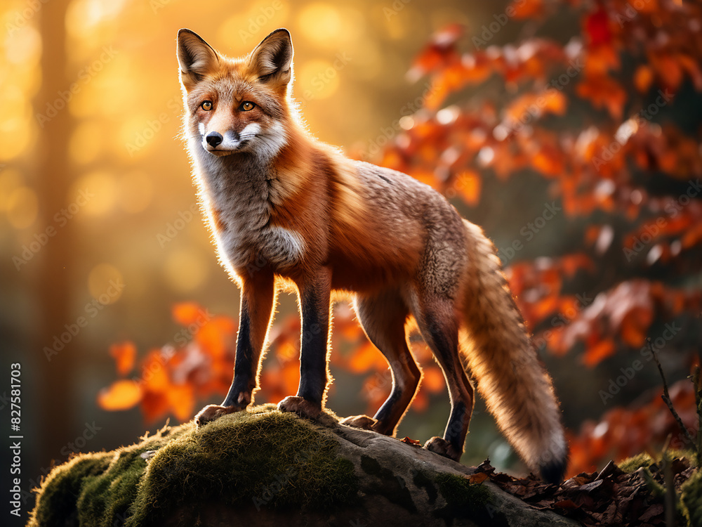 An ember-coated fox standing proudly on a rocky outcrop as dawn breaks An ember-coated fox standing proudly on a rocky outcrop as dawn breaks