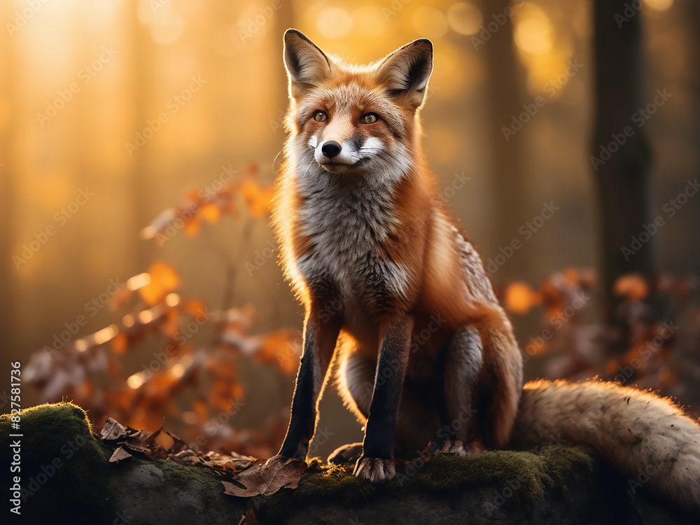 Fototapeta premium A vibrant fox stands on a boulder in the dawn-lit autumnal forest