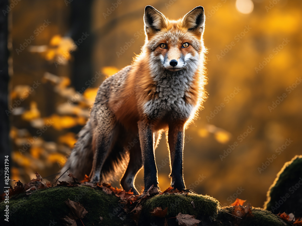 In the early morning glow, a red fox stands firm on a forest rock at autumn's onset