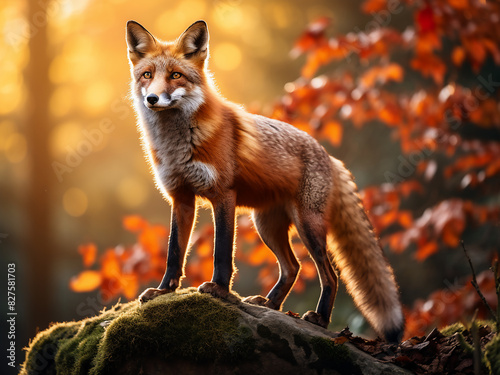 An ember-coated fox standing proudly on a rocky outcrop as dawn breaks