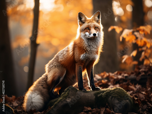 A sanguine fox gracefully poses on a rocky ledge at sunrise photo