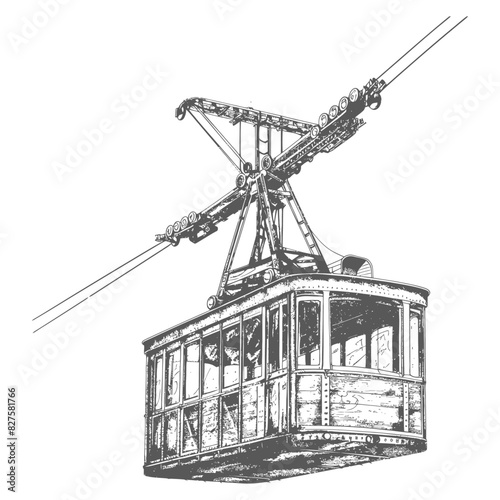 Aerial tramway with old engraving style black color only