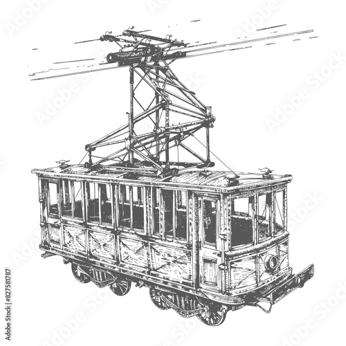 Aerial tramway with old engraving style black color only