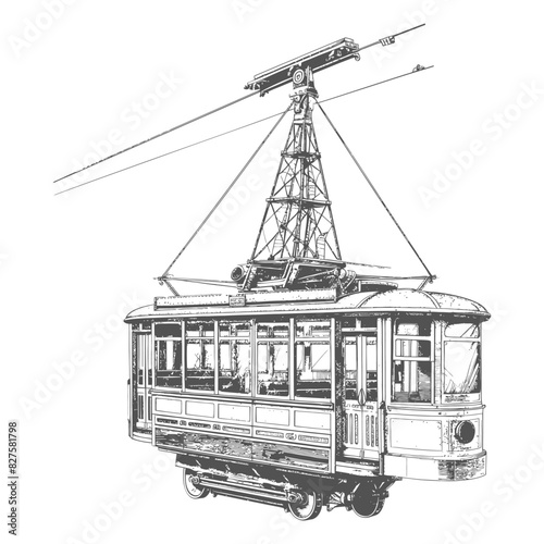 Aerial tramway with old engraving style black color only