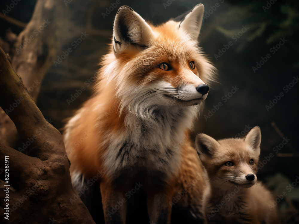 Fototapeta premium Accompanied by its offspring, an adult fox of the Vulpes vulpes species stands in the wild