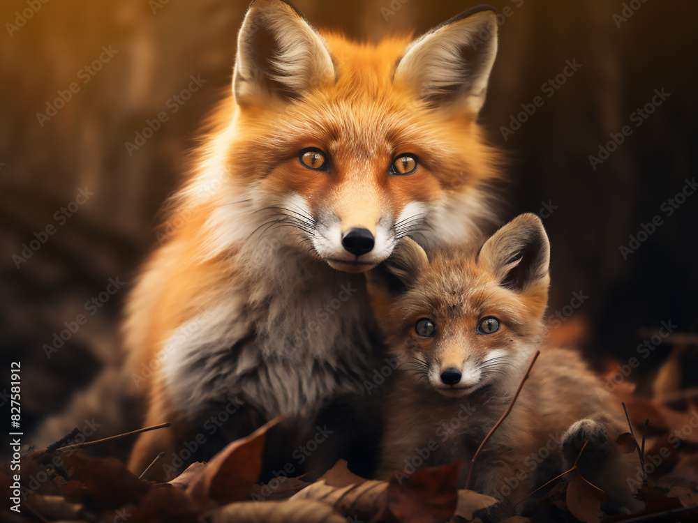 Amidst the wilderness, an adult fox of the Vulpes vulpes species is accompanied by its offspring Amidst the wilderness, an adult fox of the Vulpes vulpes species is accompanied by its offspring