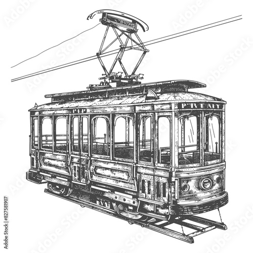 Aerial tramway with old engraving style black color only