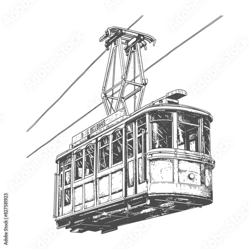 Aerial tramway with old engraving style black color only