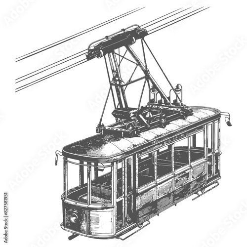Aerial tramway with old engraving style black color only