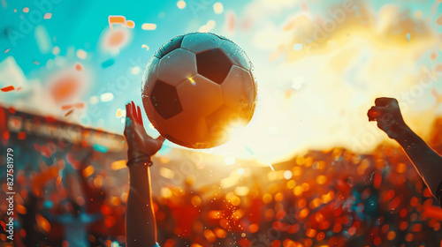 soccer ball, victory, champion, close up, focus on, copy space, lively colors, Double exposure silhouette with celebration parade