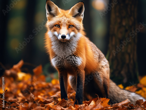 Vulpes vulpes, the red fox, roams gracefully through the golden hues of the autumn forest
