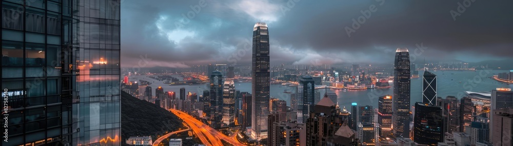 Fototapeta premium A stunning view of a modern city skyline at twilight with illuminated skyscrapers and cloudy sky, reflecting urban sophistication and vibrancy.
