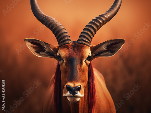 Vibrant nature backdrop showcases the symmetrical horns of the African red hartebeest photo