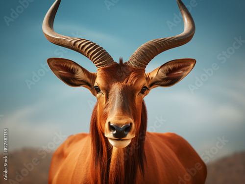 African wildlife scene symmetrical horns of the red hartebeest amidst colorful nature photo