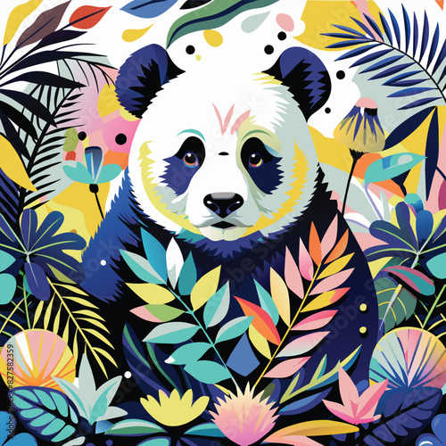 Panda Bear Portrait Surrounded by Colorful Tropical Foliage
