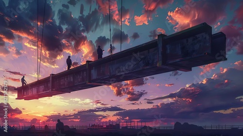 steel workers guiding massive girder into place at dusk silhouettes against dramatic sky showcasing precision and teamwork in industrial construction realistic digital painting photo