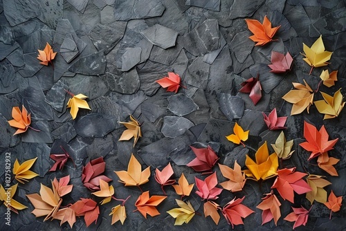 Fall Foliage on Slate Background  Top View Autumn Decor