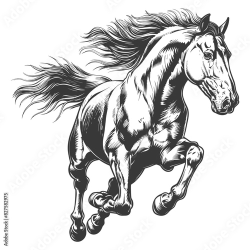 a horses galloping with engraving style black color only