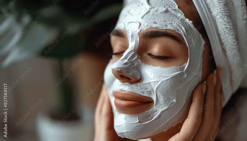 A woman enjoying a relaxing facial treatment with a white mask. Self-care, skincare, and beauty concept.