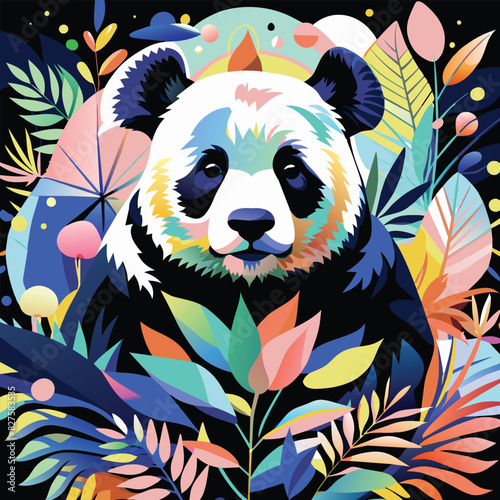 Abstract Colorful Panda Bear with Tropical Leaves
