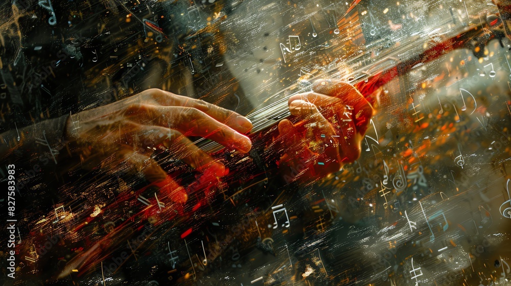 Artistic close-up of hands playing a violin with musical notes swirling around in a dreamy, ethereal ambiance. Artistic close-up of hands playing a violin with musical notes swirling around in a dreamy, ethereal ambiance.