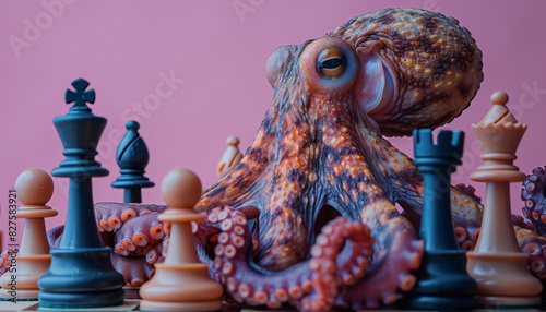 An octopus skillfully navigating and interacting with chess pieces on a board against a pink background.