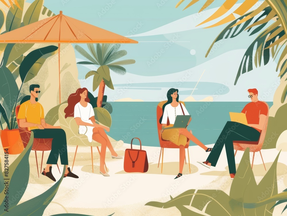 Fototapeta premium Evolving Business Travel Landscape - illustrate the seamless integration of work and leisure in picturesque destinations by Gen Z and Millennials. Showcase their participation in networking events and