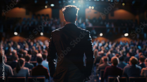 Rear view of a speaker presenting at a lectern to a captivated audience in a brightly lit conference hall