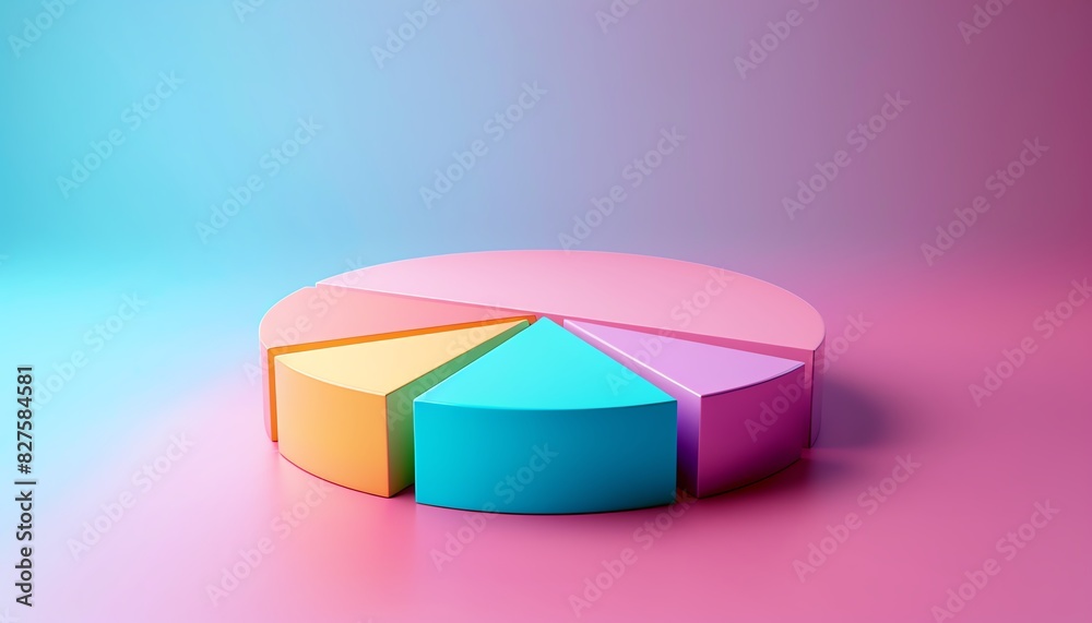 Obraz premium Colorful 3D pie chart on a gradient background, ideal for business, finance, and statistical presentations or infographics.