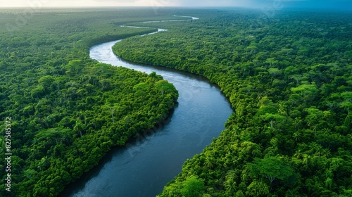 Aerial view of a winding river in a vibrant rainforest  illustrating the natural water systems and their ecological importance