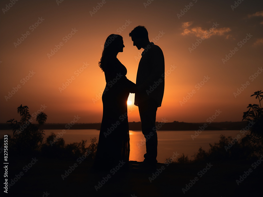 Expectant couple's silhouette embraces the sunset, awaiting their baby