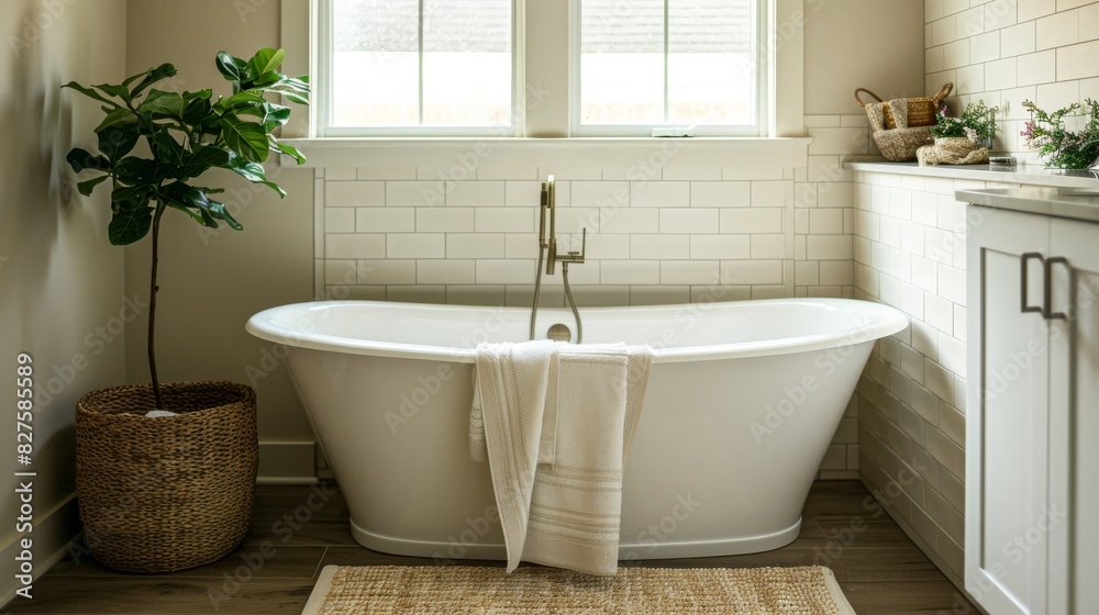 A bathroom with a freestanding tub, clean lines, and minimal accessories A bathroom with a freestanding tub, clean lines, and minimal accessories